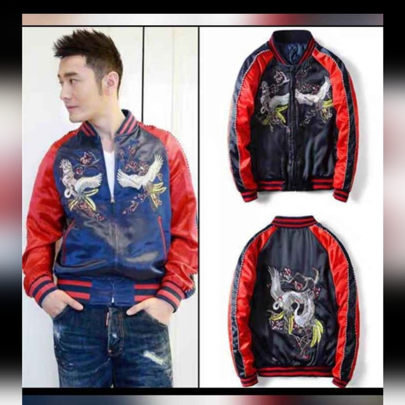 🎀NEW Unisex Satin Baseball Crane Embroidered  Streetwear Outerwear Jacket - Picture 1 of 14